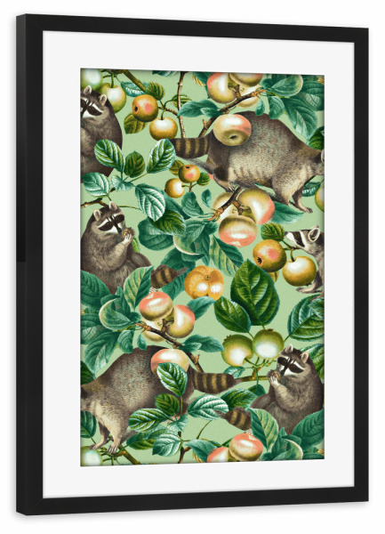 Poster mit Rahmen schwarz "Waschbär und Früchte" artboxONE - Natur,Floral,Tiere