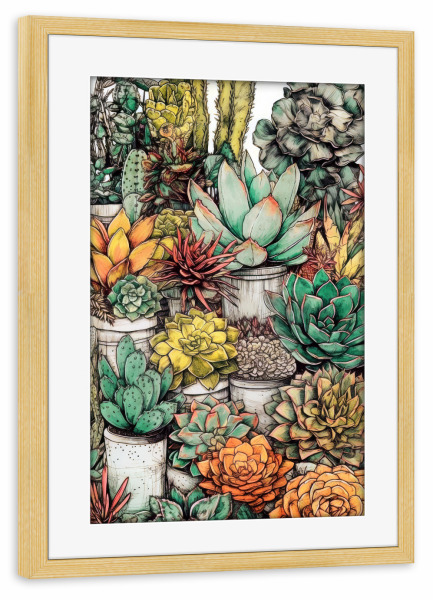 Poster mit Rahmen kiefer "Sukkulenten und Kakteen N" artboxONE - Natur,Floral - Sukkulenten,Kakteen,Kaktus,Natur,Blumen,Botanische,Blatt,Blumen