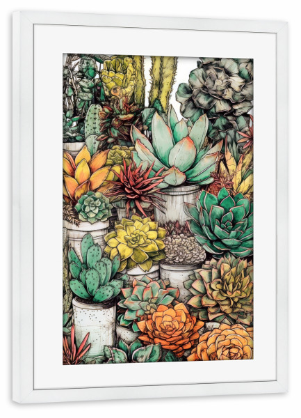 Poster mit Rahmen weiß "Sukkulenten und Kakteen N" artboxONE - Natur,Floral - Sukkulenten,Kakteen,Kaktus,Natur,Blumen,Botanische,Blatt,Blumen