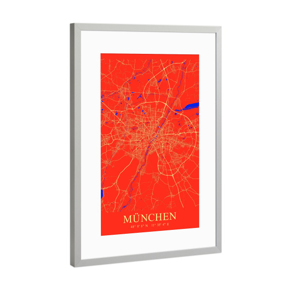 Poster mit Rahmen Silber "Münchner Stadt als Karte" artboxONE - Städte / München,Kartografie