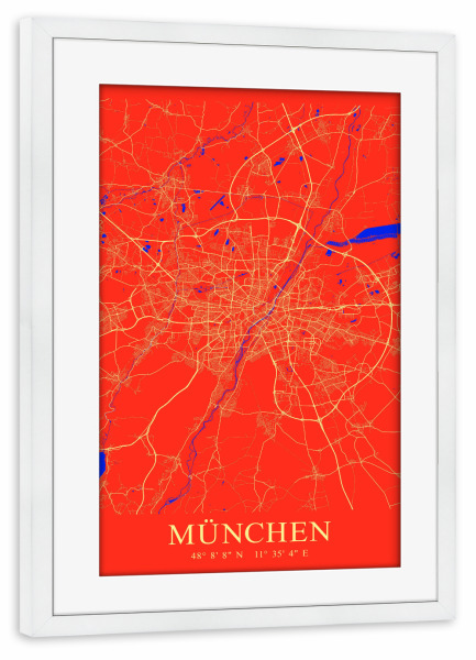 Poster mit Rahmen weiß "Münchner Stadt als Karte" artboxONE - Städte / München,Kartografie