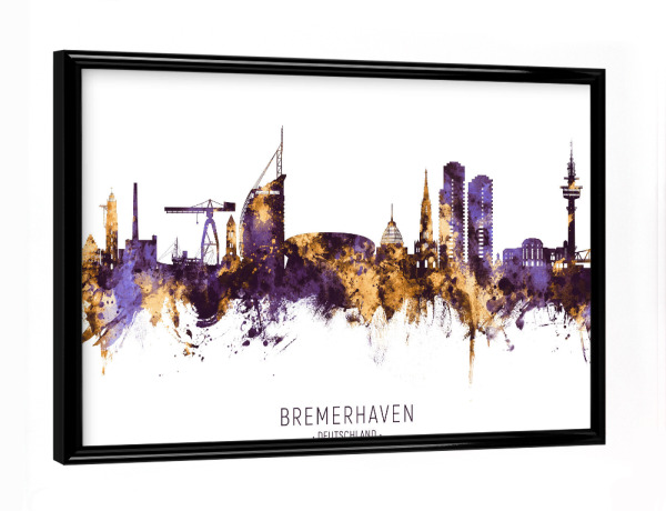 Poster mit schwarzem Rahmen "Bremerhaven Skyline PurpleGold" artboxONE - Städte
