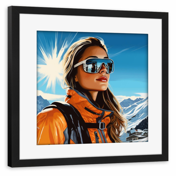 Poster mit Rahmen schwarz "SKIFAHREN RETRO" artboxONE - Natur,Menschen,Fashion,Für Mama - Skifahren,Sport,Wintersport,Berge,Frau,Schweiz
