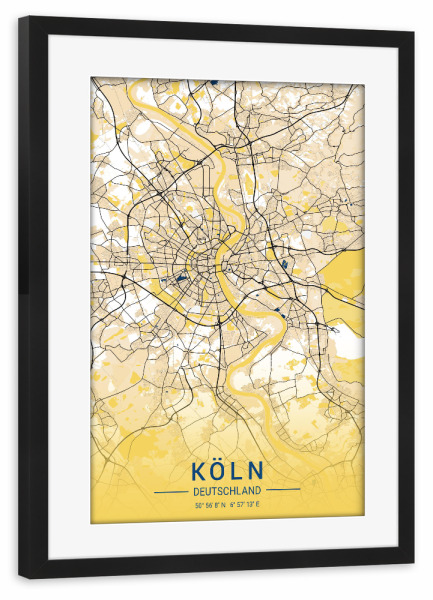 Poster mit Rahmen schwarz "Map der Kölner City" artboxONE - Städte / Köln,Kartografie