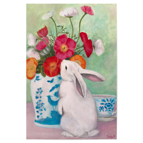 Poster "Kaninchen und Anemonen" artboxONE - Floral,Tiere - Kaninchen-druck,Kaninchen,Hasen-druck,Anemonen,Süßer druck,Naive kunst,Naiver druck