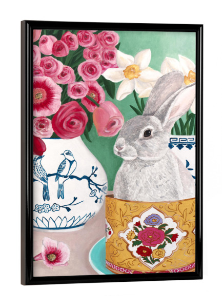 Poster mit schwarzem Rahmen "Kaninchen mit Rosen und Narzissen" artboxONE - Tiere