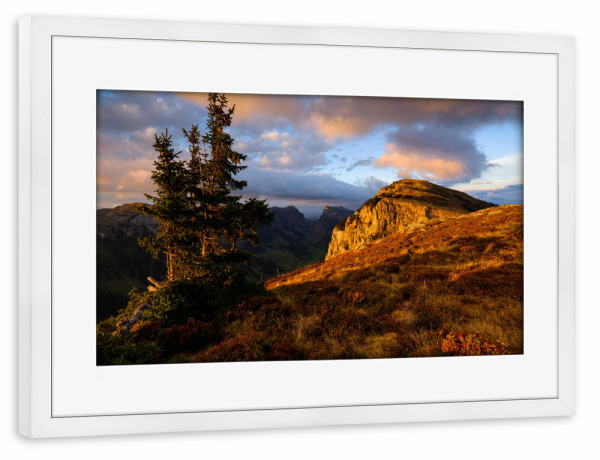 Poster mit Rahmen weiß "Sonnenuntergang - Niederhorn" artboxONE - Natur,Reise