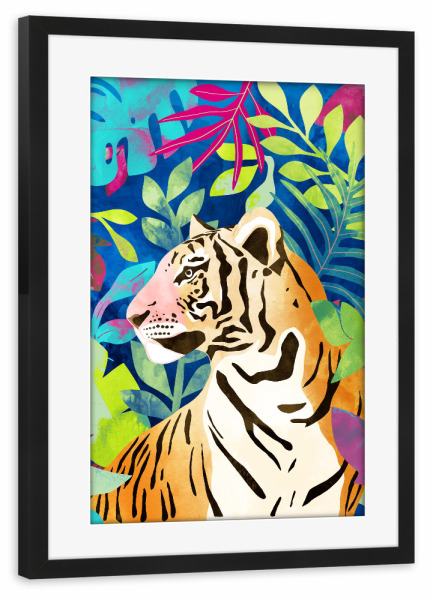 Poster mit Rahmen schwarz "Tropischer Tiger, Tierdschungel" artboxONE - Floral,Tiere