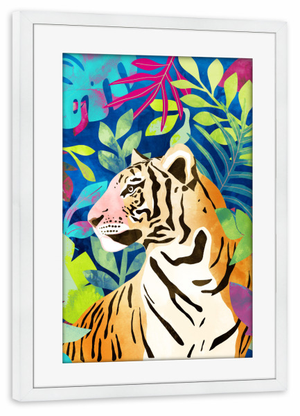 Poster mit Rahmen weiß "Tropischer Tiger, Tierdschungel" artboxONE - Floral,Tiere