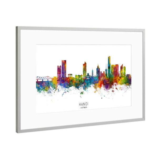Poster mit Rahmen Silber "Hanoi Skyline txt" artboxONE - Städte - Hanoi,Vietnam,Skyline,Stadtbild,Stadtbild,Aquarell,Malerei