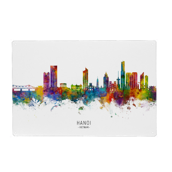 Holzbild "Hanoi Skyline txt" artboxONE - Städte - Hanoi,Vietnam,Skyline,Stadtbild,Stadtbild,Aquarell,Malerei