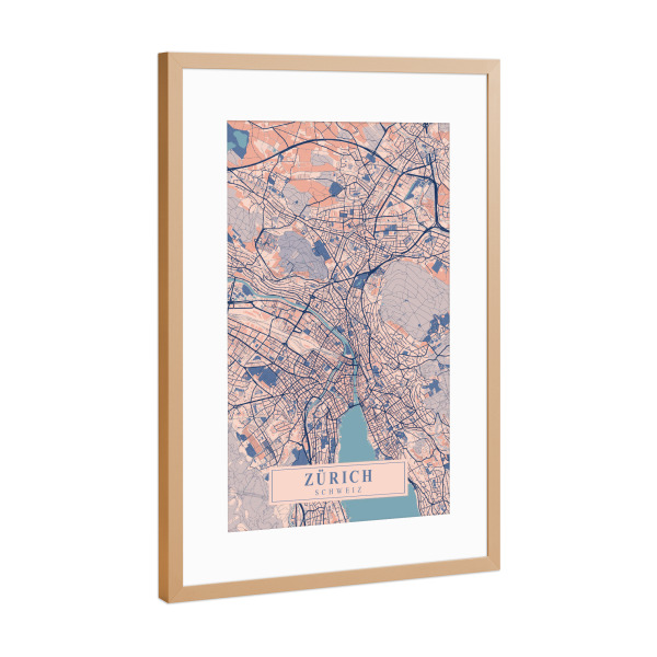 Poster mit Rahmen Kupfer "Zürich Stadt Map" artboxONE - Städte / Zürich,Kartografie