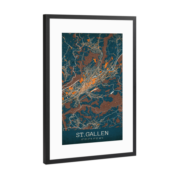 Poster mit Rahmen Schwarz (Metallic) "St. Gallen Vintage Wandbild" artboxONE - Städte,Kartografie