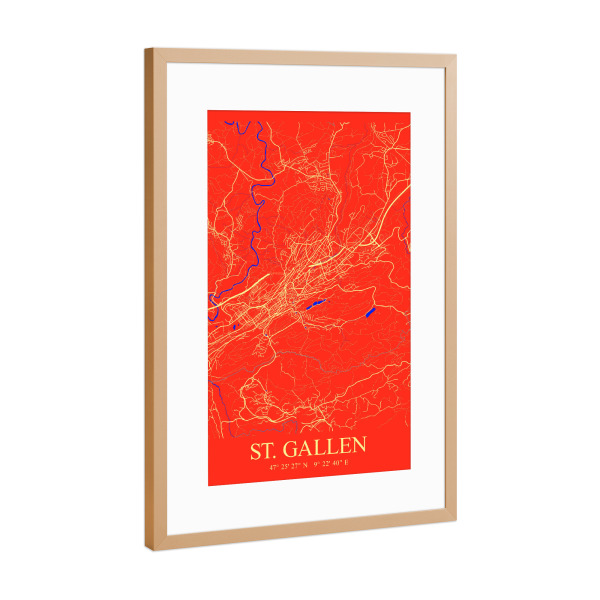 Poster mit Rahmen Kupfer "St. Gallen City Wandbild" artboxONE - Städte,Kartografie