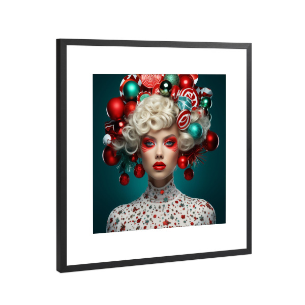Poster mit Rahmen Schwarz (Metallic) "WEIHNACHTSZEIT CHIC" artboxONE - Weihnachten - Weihnachten,Weihnachtszeit,Frau,Rot,Weiss,Kugeln