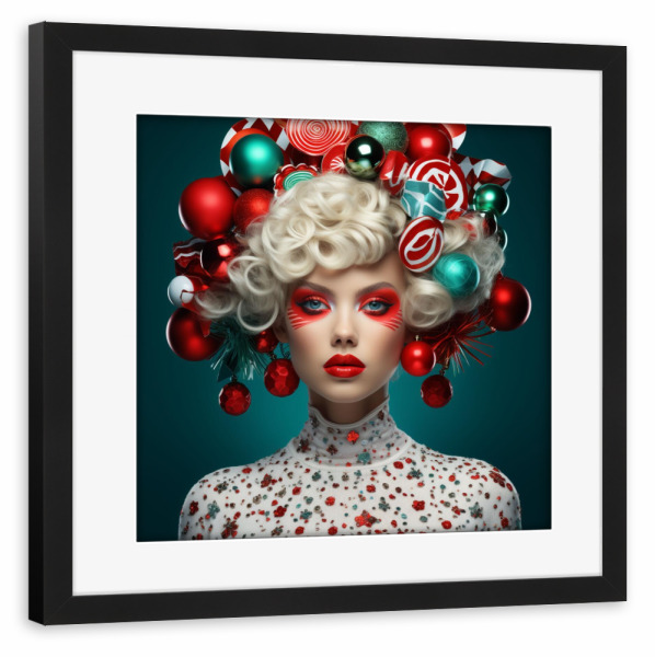 Poster mit Rahmen schwarz "WEIHNACHTSZEIT CHIC" artboxONE - Weihnachten - Weihnachten,Weihnachtszeit,Frau,Rot,Weiss,Kugeln