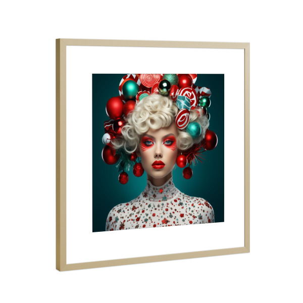 Poster mit Rahmen Gold "WEIHNACHTSZEIT CHIC" artboxONE - Weihnachten - Weihnachten,Weihnachtszeit,Frau,Rot,Weiss,Kugeln