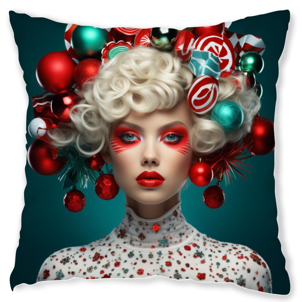 Design-Kissen "WEIHNACHTSZEIT CHIC" artboxONE - Weihnachten - Weihnachten,Weihnachtszeit,Frau,Rot,Weiss,Kugeln