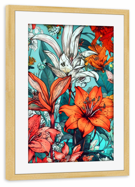 Poster mit Rahmen kiefer "Flowers and leaves G" artboxONE - Natur,Floral - Natur,Blumen,Blumen,Botanische,Blätter,Blatt,Blumen,Garten