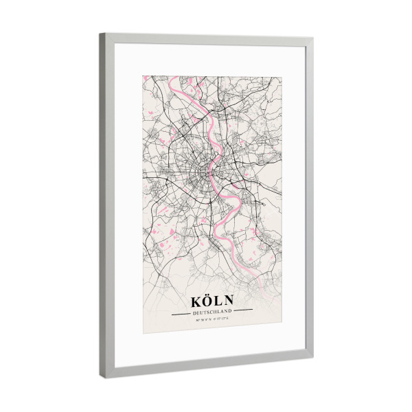 Poster mit Rahmen Silber "Kölner Stadtkarte" artboxONE - Städte / Köln,Kartografie