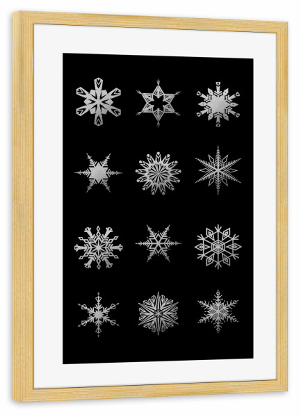 Poster mit Rahmen kiefer "Zwölf geometrische Schneeflocken" artboxONE - Schwarzweiß,Weihnachten