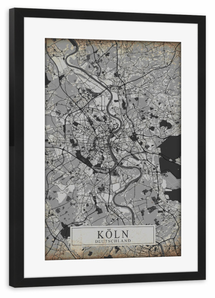 Poster mit Rahmen schwarz "Vintage Stadtplan Köln" artboxONE - Städte / Köln,Kartografie