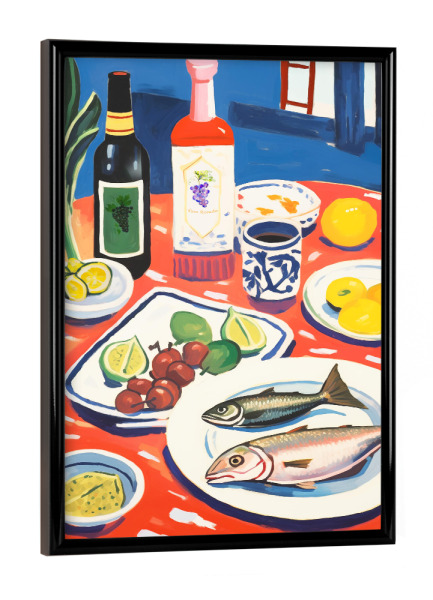 Poster mit schwarzem Rahmen "Fisch und Wein" artboxONE - Abstrakt,Reise / Strand und Meer,Essen & Trinken / Alkohol