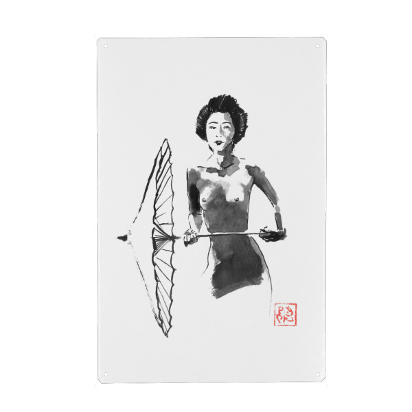 Metall Poster "Geisha nackt und Regenschirm" artboxONE - Schwarzweiß,Reise / Asien - Sumie,Japan,Geisha,Regenschirm - Blechschild
