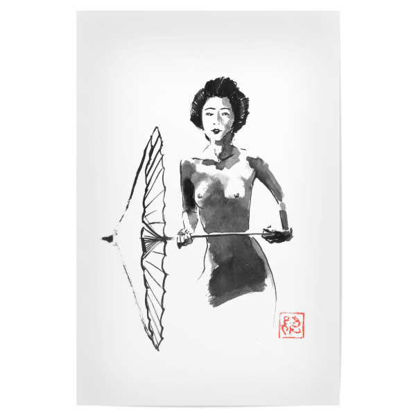 Poster "Geisha nackt und Regenschirm" artboxONE - Schwarzweiß,Reise / Asien - Sumie,Japan,Geisha,Regenschirm