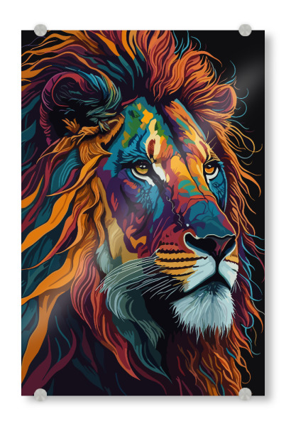 Acrylglasbild "Lion colorful" artboxONE - Natur,Tiere - Lion,Colorful,Art,Majestic,Wild,Mane,Fierce,Regal,Predator,Nature,Animal,Vibrant,King,Powerful