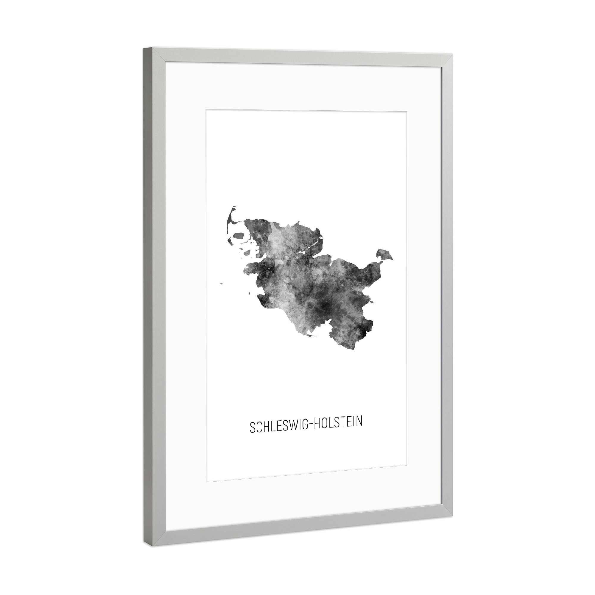 Poster mit Rahmen Silber "Landeskarte Schleswig-Holstein BW" artboxONE - Schwarzweiß,Kartografie
