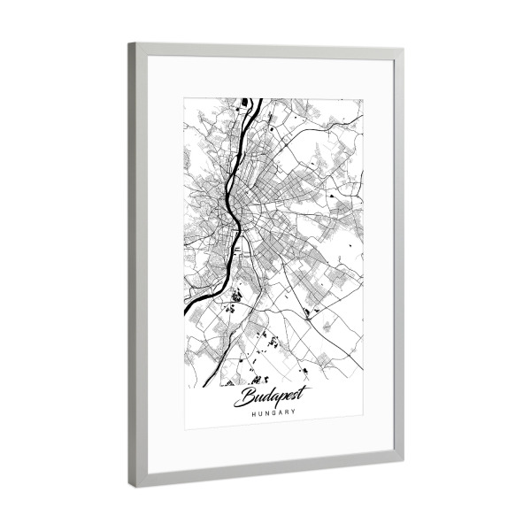 Poster mit Rahmen Silber "Budapest City Map" artboxONE - Schwarzweiß,Städte / Budapest,Kartografie