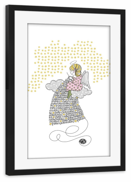 Poster mit Rahmen schwarz "Strickender Engel" artboxONE - Weihnachten - Weihnachten,Engel,Wolke,Advent,Adventskalender,Geschenk,Kind