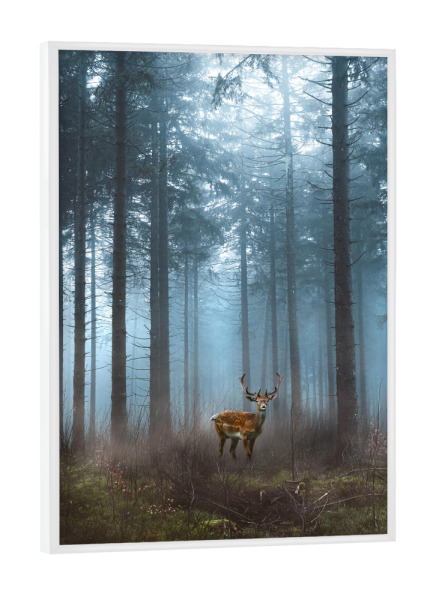 Poster mit weißem Rahmen "Hirsch im nebligen Wald" artboxONE - Natur,Tiere - Hirsch,Natur,Wald,Bäume,Tier,Nebel