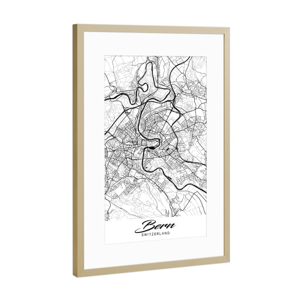 Poster mit Rahmen Gold "Bern City Map" artboxONE - Städte,Schwarzweiß,Kartografie