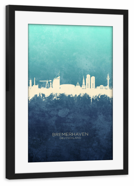 Poster mit Rahmen schwarz "Bremerhaven Skyline NavyCyan" artboxONE - Städte
