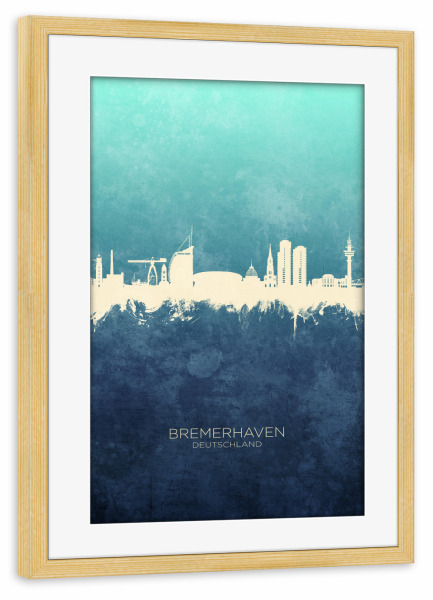 Poster mit Rahmen kiefer "Bremerhaven Skyline NavyCyan" artboxONE - Städte