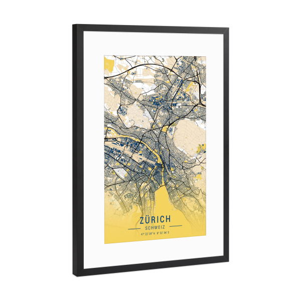 Poster mit Rahmen Schwarz (Metallic) "Zürich als Stadtplan" artboxONE - Städte / Zürich,Kartografie