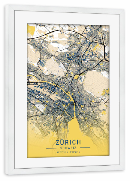 Poster mit Rahmen weiß "Zürich als Stadtplan" artboxONE - Städte / Zürich,Kartografie