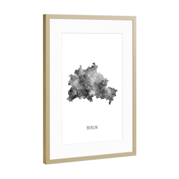 Poster mit Rahmen Gold "Berliner Stadt-Landkarte BW" artboxONE - Schwarzweiß,Kartografie - Berlin,Karte,Aquarell,Malerei,Stadtstaat,Deutschland