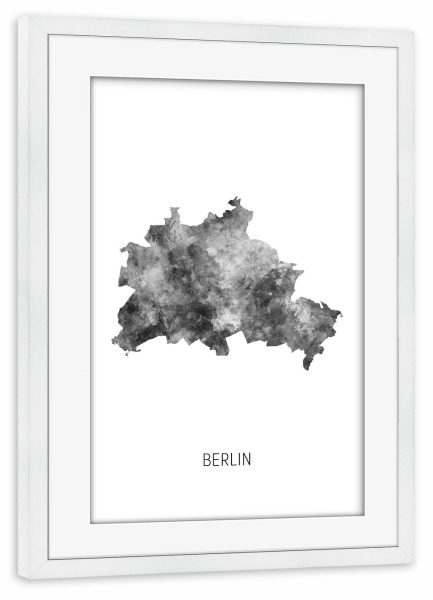 Poster mit Rahmen weiß "Berliner Stadt-Landkarte BW" artboxONE - Schwarzweiß,Kartografie - Berlin,Karte,Aquarell,Malerei,Stadtstaat,Deutschland