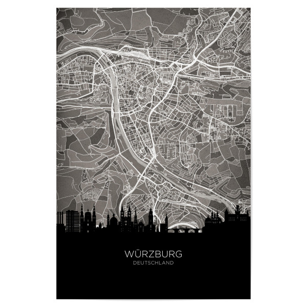Poster "Würzburg Skyline Karte BW" artboxONE - Städte,Schwarzweiß,Kartografie