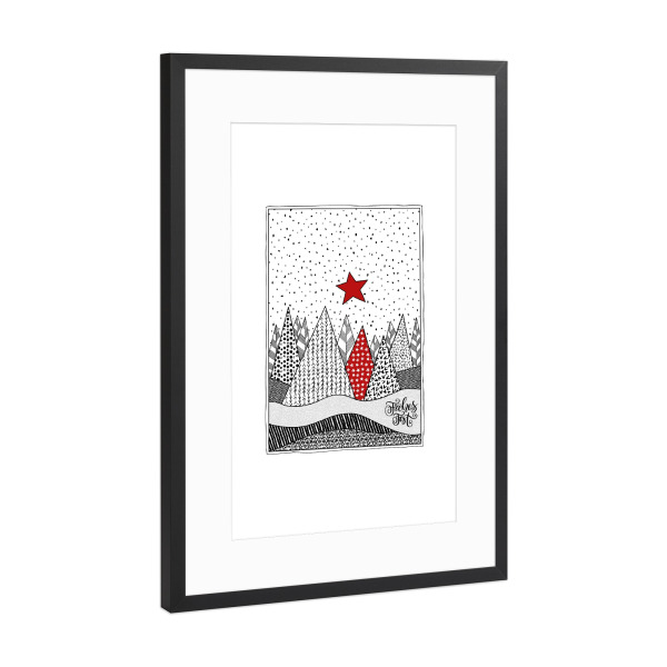 Poster mit Rahmen Schwarz (Metallic) "Winterwald mit Stern" artboxONE - Weihnachten