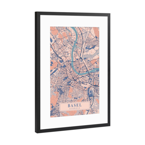 Poster mit Rahmen Schwarz (Metallic) "Stadt Basel Citymap" artboxONE - Städte,Kartografie