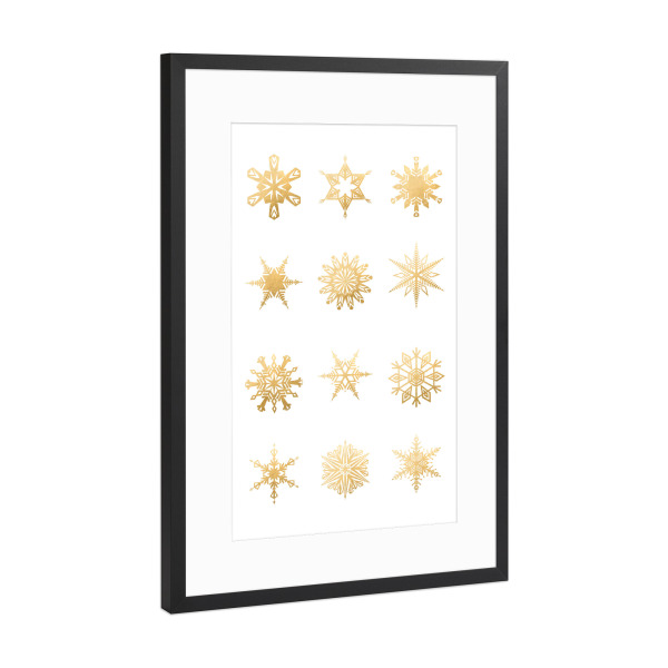 Poster mit Rahmen Schwarz (Metallic) "Zwölf goldene Schneeflocken" artboxONE - Weihnachten