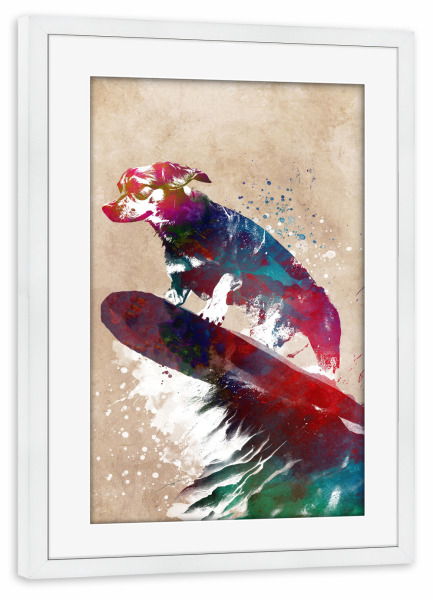 Poster mit Rahmen weiß "Surfer Hundesport Kunst B" artboxONE - Tiere,Sport - Hund,Surfer,Surfen,Sport,Sport,Grafik