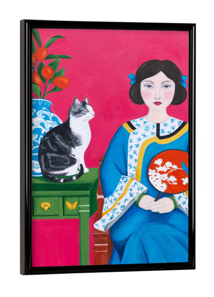 Poster mit schwarzem Rahmen "Chinesin und Katze" artboxONE - Tiere,Menschen