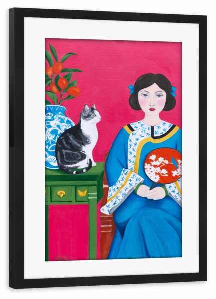 Poster mit Rahmen schwarz "Chinesin und Katze" artboxONE - Tiere,Menschen