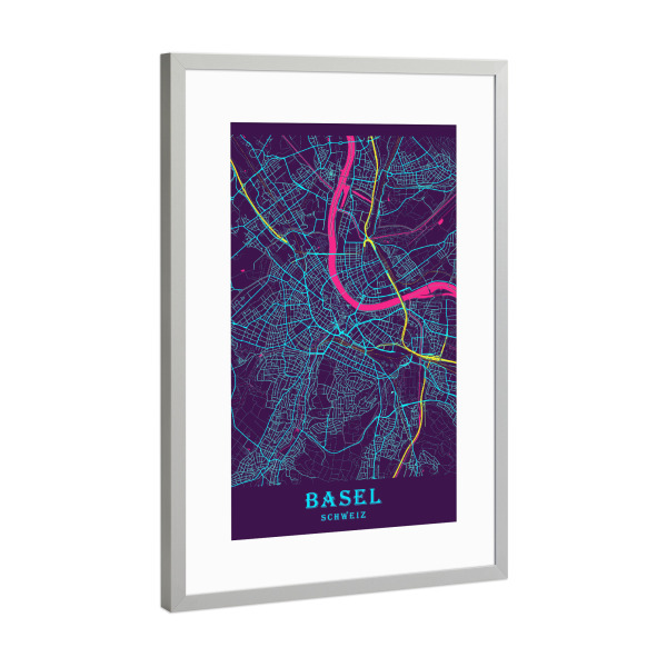 Poster mit Rahmen Silber "Basel Stadtplan" artboxONE - Städte,Kartografie
