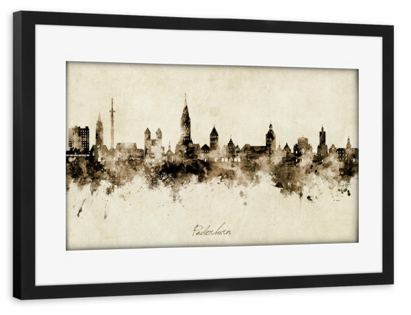 Poster mit Rahmen schwarz "Paderborn Skyline Sepia" artboxONE - Städte - Paderborn,Deutschland,Deutschlandskyline,Stadtbild,Stadtbild,Aquarell,Malerei